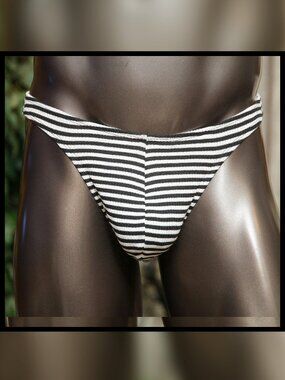 Mens B/W Stripe Knit 11/4 Sides Wide Pouch Coverage Thong Handmade